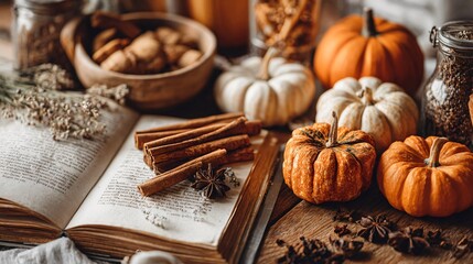 Fototapeta premium A flat lay with open recipe books, cinnamon sticks, and a mix of seasonal pumpkins