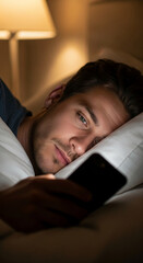 Man lying in bed, using smartphone before sleep, low light, close-up face, showcasing late-night phone usage and potential sleep disruption