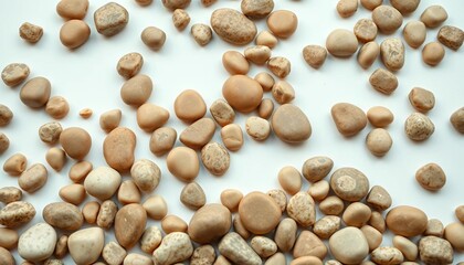 Earthy-toned smooth pebbles scattered organically on pristine white background, pebbles, spa