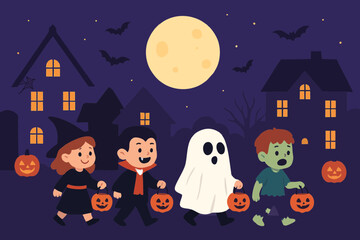 Children in Halloween costumes going door to door for trick or treat.