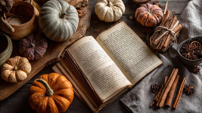 A flat lay with open recipe books, cinnamon sticks, and a mix of seasonal pumpkins