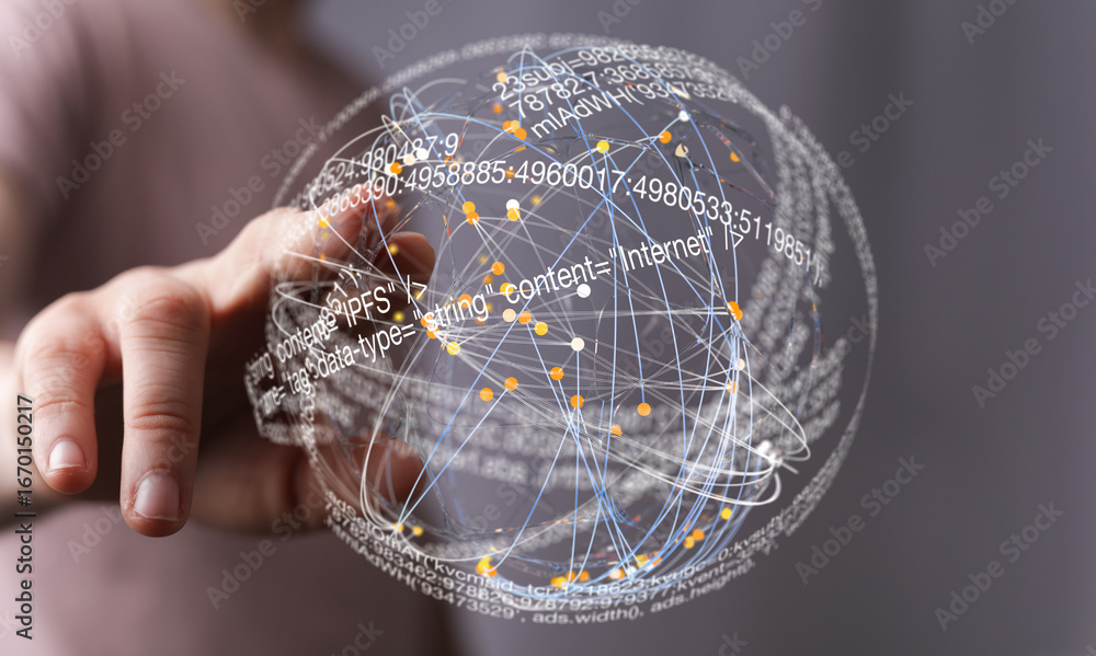 Poster abstract image of a hand holding a digital sphere showing interconnected data points and code.