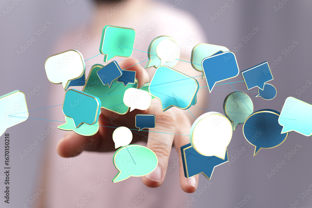 Poster abstract image of interconnected speech bubbles, symbolizing global communication and networking.