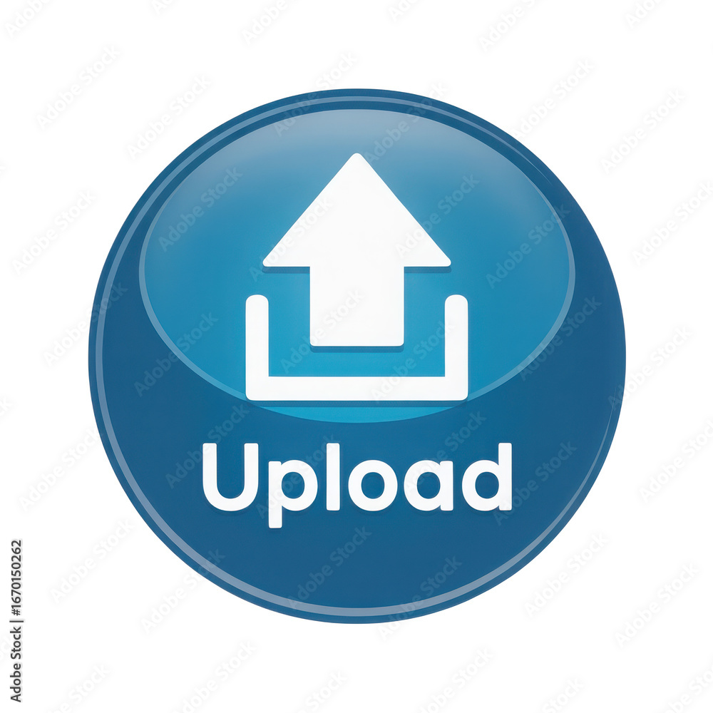 Fototapete glossy circular upload button icon featuring a white upward arrow and the word upload on a dark blue