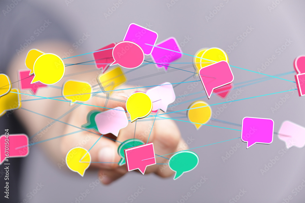 Poster abstract image of interconnected speech bubbles, representing global communication and social networ