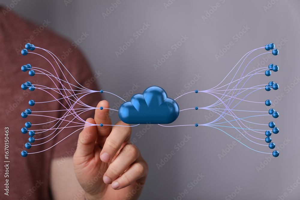 Poster hand interacting with 3d cloud network, showcasing data connections and cloud storage solutions.
