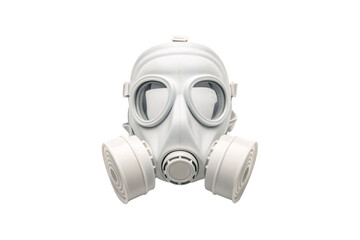 White gas mask with dual filter canisters and clear protective eyepieces for chemical protection, isolated on a transparent background