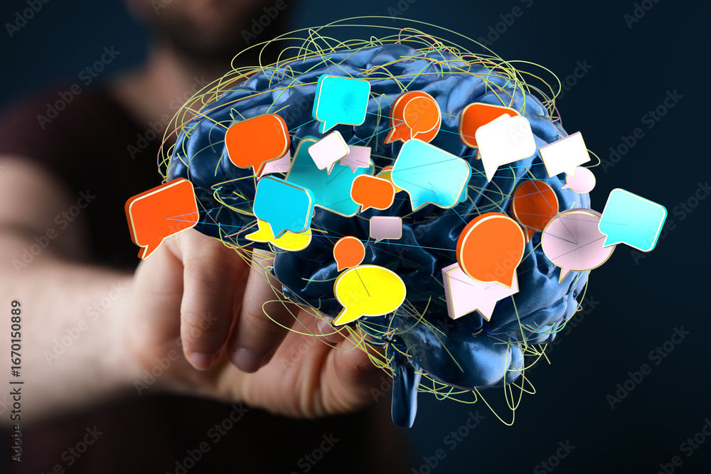 Poster abstract image of a brain with colorful speech bubbles, representing communication, ideas, and netwo