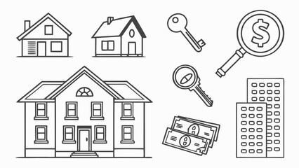 Fototapeta premium Real Estate Icons Houses Keys and Financial Elements.
