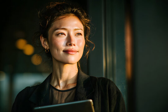 Eastern Asian 40s adult manager business woman lookig aside dreaming, holding igital touchscreen device.Mature CEO businesswoman uing tablet using fintech tb application in office. Cpy space