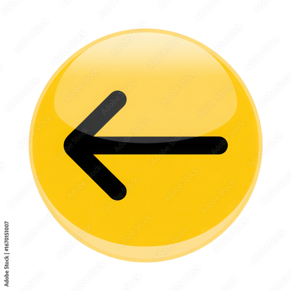 Fototapete glossy yellow circular button featuring a bold black arrow pointing leftward with a subtle shine and