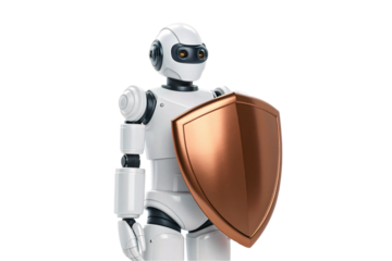 Futuristic white android robot with spherical head gripping large copper protective shield, advanced robotics technology design, isolated on a transparent background