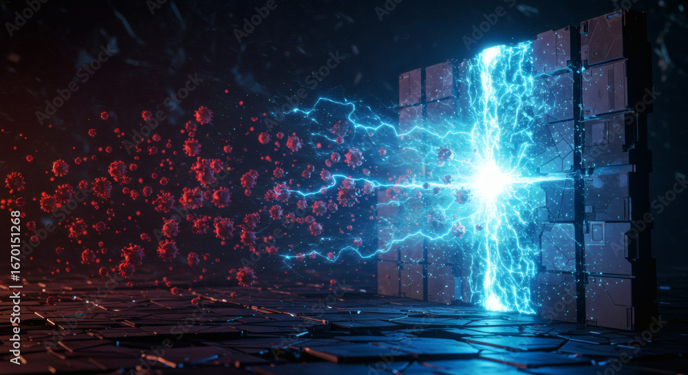 Poster advanced digital entity with a glowing shield confronts a cellular threat in a futuristic landscape,