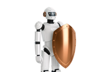 Contemporary white humanoid robot with visor holding bronze shield defensively, modern artificial intelligence warrior concept design, isolated on a transparent background