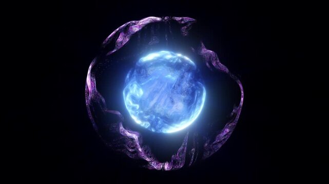 Bright core of glowing blue energy orb encased in a dark void with ethereal purple liquid strands swirling around