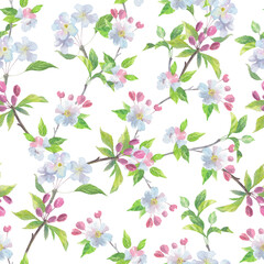 Obraz premium Seamless pattern of a blooming tree. Handmade watercolor illustration of blooming tree. For packaging design, cards, cover, prints, product labels and fabric.
