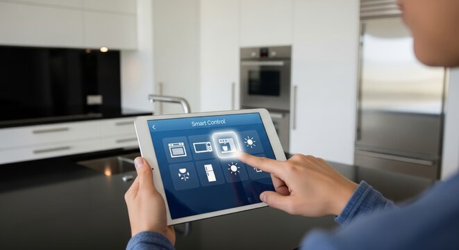 Smart home control with woman using tablet to manage kitchen appliances and lighting in modern interior