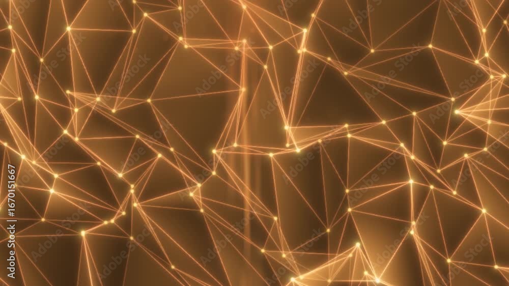 Poster glowing orange wireframe network with connecting nodes forming a digital mesh across a dark backdrop