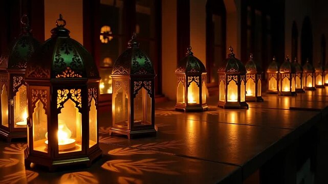 Traditional Arabic lanterns with glowing candles, ornate Moroccan lamps in a row, atmospheric Ramadan decorations for religious celebration