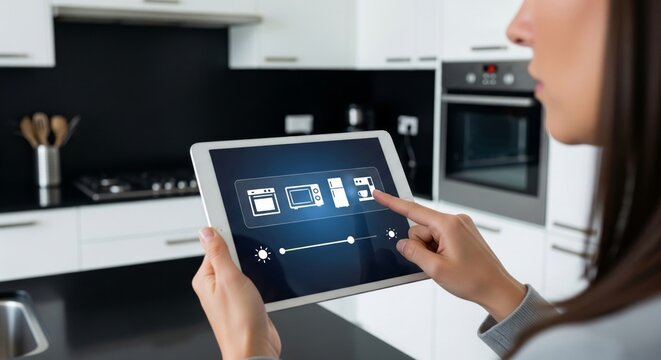 Woman using digital tablet to control smart kitchen appliances in modern home with automation and connected technology for convenience and efficiency