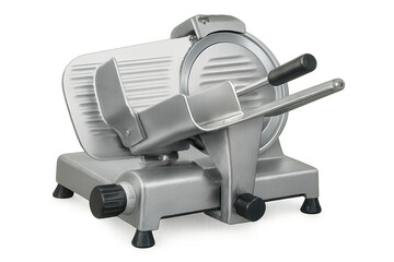 Stainless steel industrial meat slicer with sharp blade, ready for precise food preparation in commercial kitchen settings