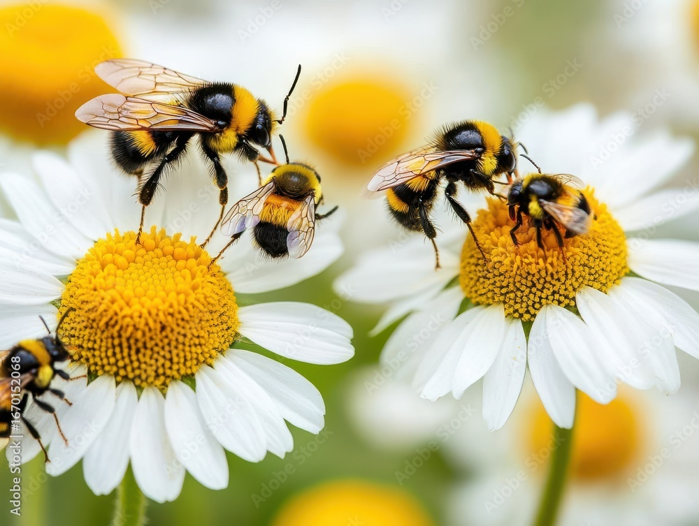Poster close-up view of bees pollinating daisies in a vibrant natural setting with soft focus background