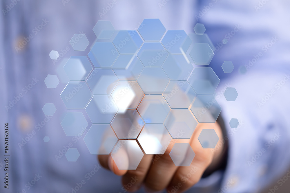 Aufkleber abstract image of a businessman touching a digital hexagon network. perfect for tech, innovation, an
