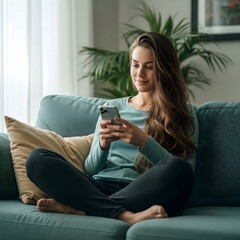 Obraz premium Young woman sitting comfortably on a sofa using her smartphone and smiling
