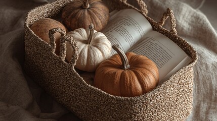 Fototapeta premium A soft editorial of pumpkins in a woven tote bag beside an open autumn journal,