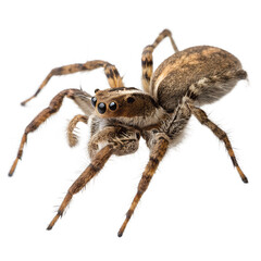 Obraz premium Detailed view of a small jumping spider showing its eight eyes and hairy legs, isolated on transparent background