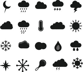 Collection of weather icons in silhouette style isolated on white background