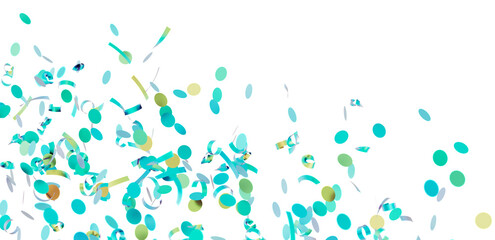 Beautiful image of teal and gold confetti falling on white background. Perfect for party invitations, celebrations, and festive designs.