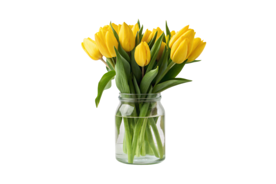 Fresh yellow tulips arranged in clear glass mason jar spring flower bouquet display, isolated on a transparent background - Powered by Adobe