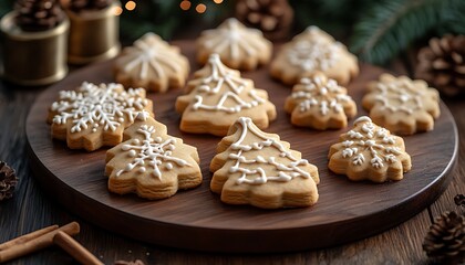 Assorted Christmas tree and snowflake sugar cookies with white icing on wooden board