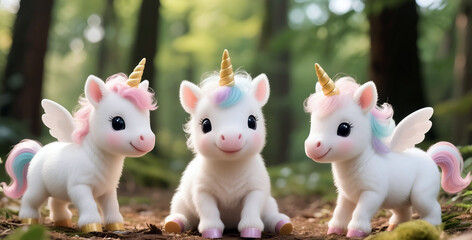 A trio of plush unicorns in the forest. Ai