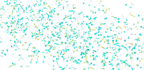 Celebrate with this festive image of teal and gold confetti falling on a white background. Perfect for invitations, party supplies, and more!