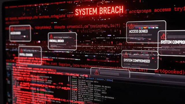 Computer screen displaying system breach and error alerts