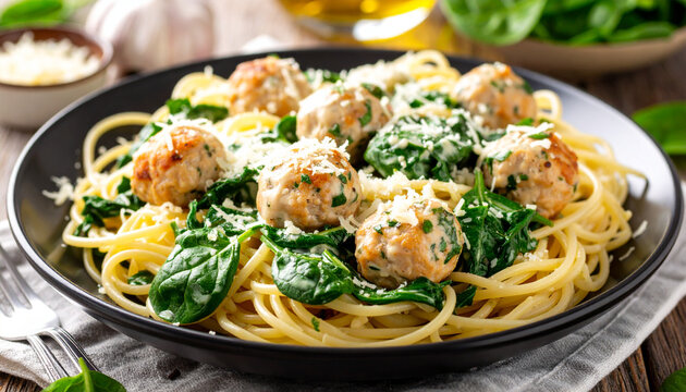 Spaghetti with spinach and chicken meatballs all mixed in a creamy Alfredo sauce. Ai - Powered by Adobe