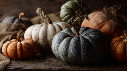 A warm editorial shot of heirloom pumpkins layered with shadows and rustic props