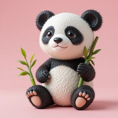 Panda beb&eacute; adorable con bamb&uacute; sobre fondo rosa