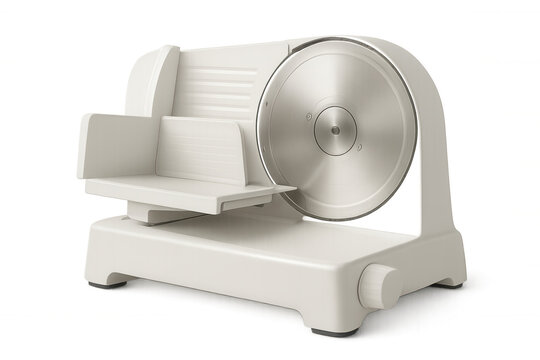 Professional meat slicer with gleaming stainless steel blade, resting on transparent surface, highlighting precision cutting capabilities