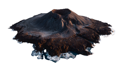 Aerial capture of volcanic island surrounded by ocean at dusk