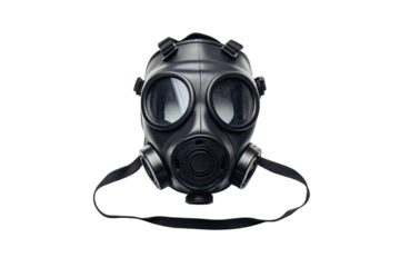 Black military gas mask with large circular eye pieces and breathing apparatus, isolated on a transparent background