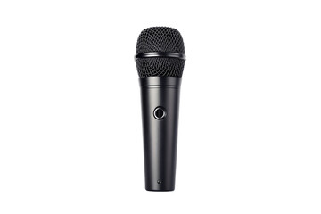 Black dynamic microphone with wire mesh windscreen and sturdy metal body construction, isolated on a transparent background