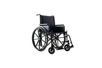 Fototapeta premium Standard manual wheelchair with black upholstery, large wheels, footrests and push handles for mobility assistance, isolated on a transparent background