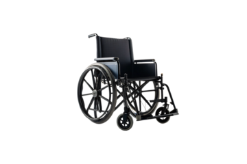 Standard manual wheelchair with black upholstery, large wheels, footrests and push handles for mobility assistance, isolated on a transparent background