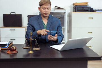 Judge, male lawyer discuss legal services for businessmen, give advice on contracts, plan court...