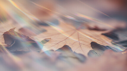 A beautiful composition of fallen autumn leaves with a hazy, ethereal light effect. The soft focus and light rays create a dreamy and abstract seasonal image.