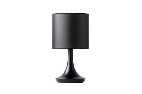 Modern black table lamp with sleek trumpet-shaped base and drum shade for contemporary interior design, isolated on a transparent background