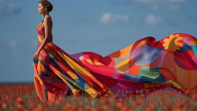 Elegant woman in a flowing multicolored gown walking through a field of flowers, fabric billowing dramatically in the wind under a blue sky.